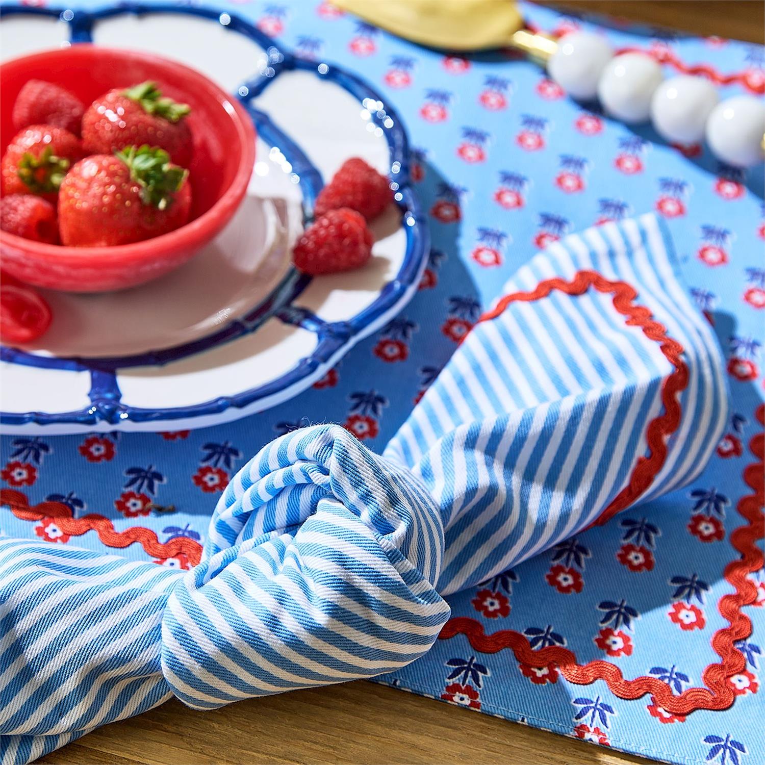 Blue Stripe w/Red Trim Cloth Napkins, s/4