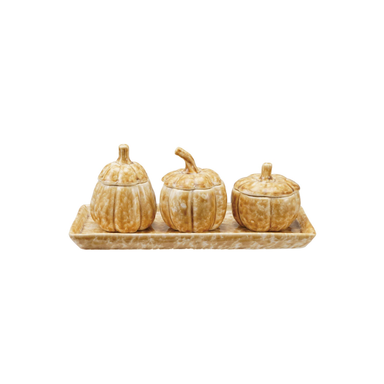 Stoneware Tray with 3 Pumpkin Jars