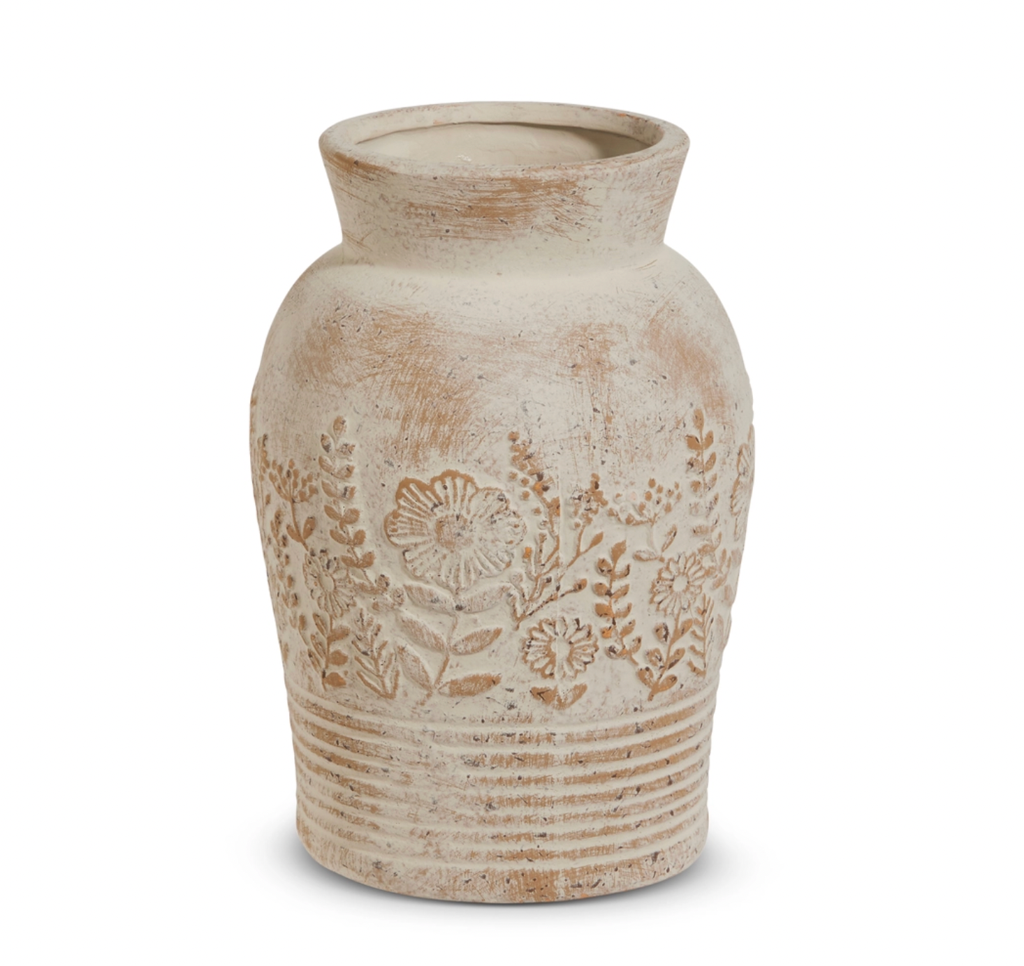 Whitewash Floral Embossed Vase (9")