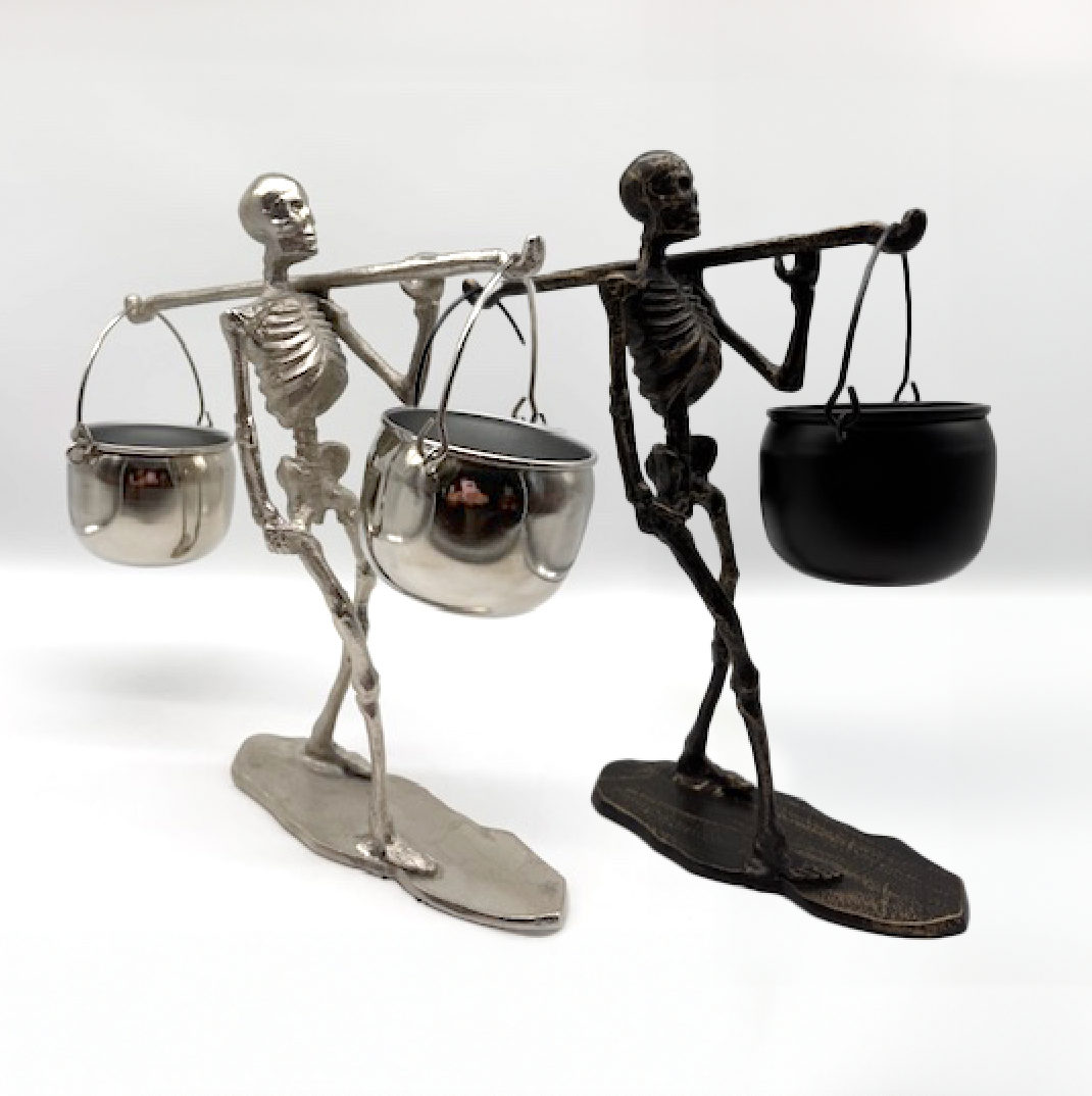 SKELETON WITH HANGING CAULDRONS CANDY DISH