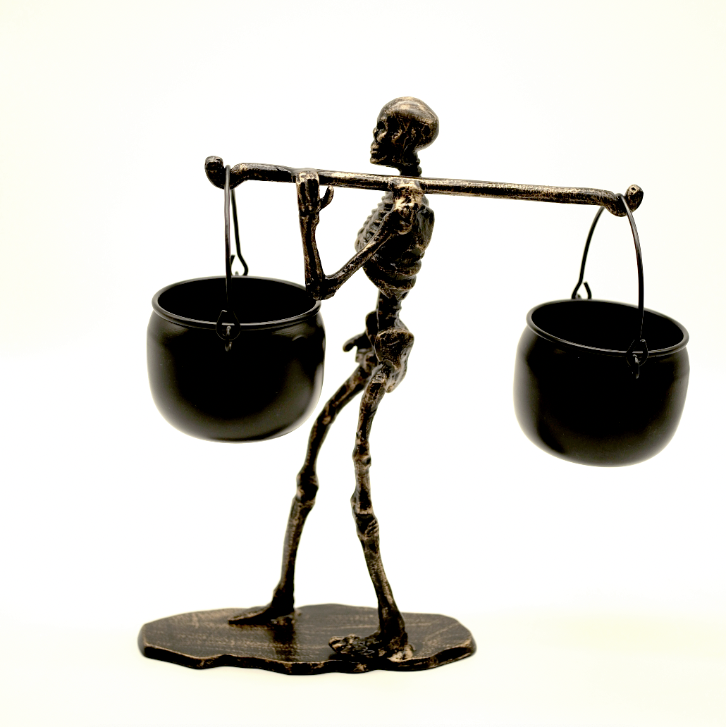 SKELETON WITH HANGING CAULDRONS CANDY DISH