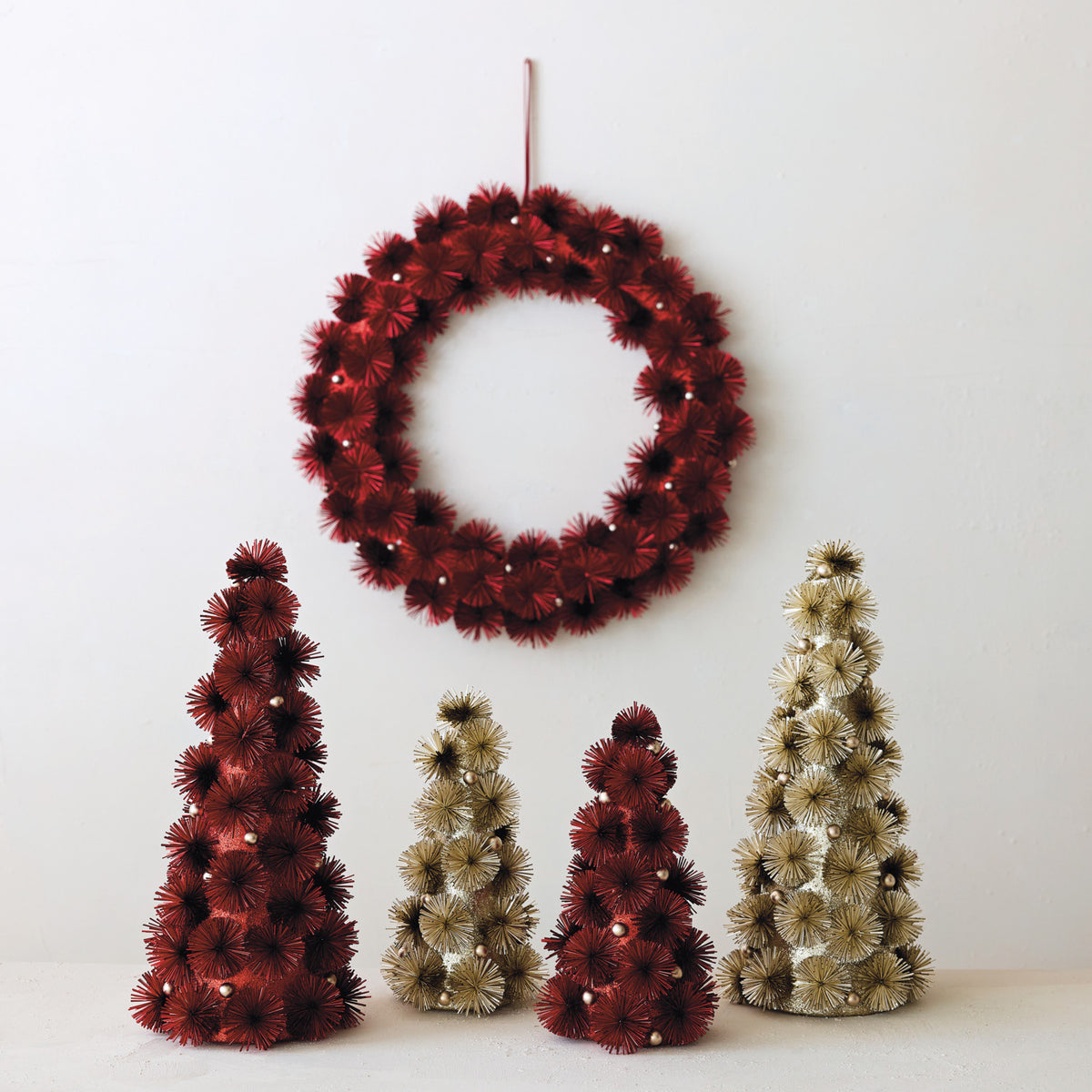 Tinsel Ball Tree with Glitter & Beads, Red (Medium)