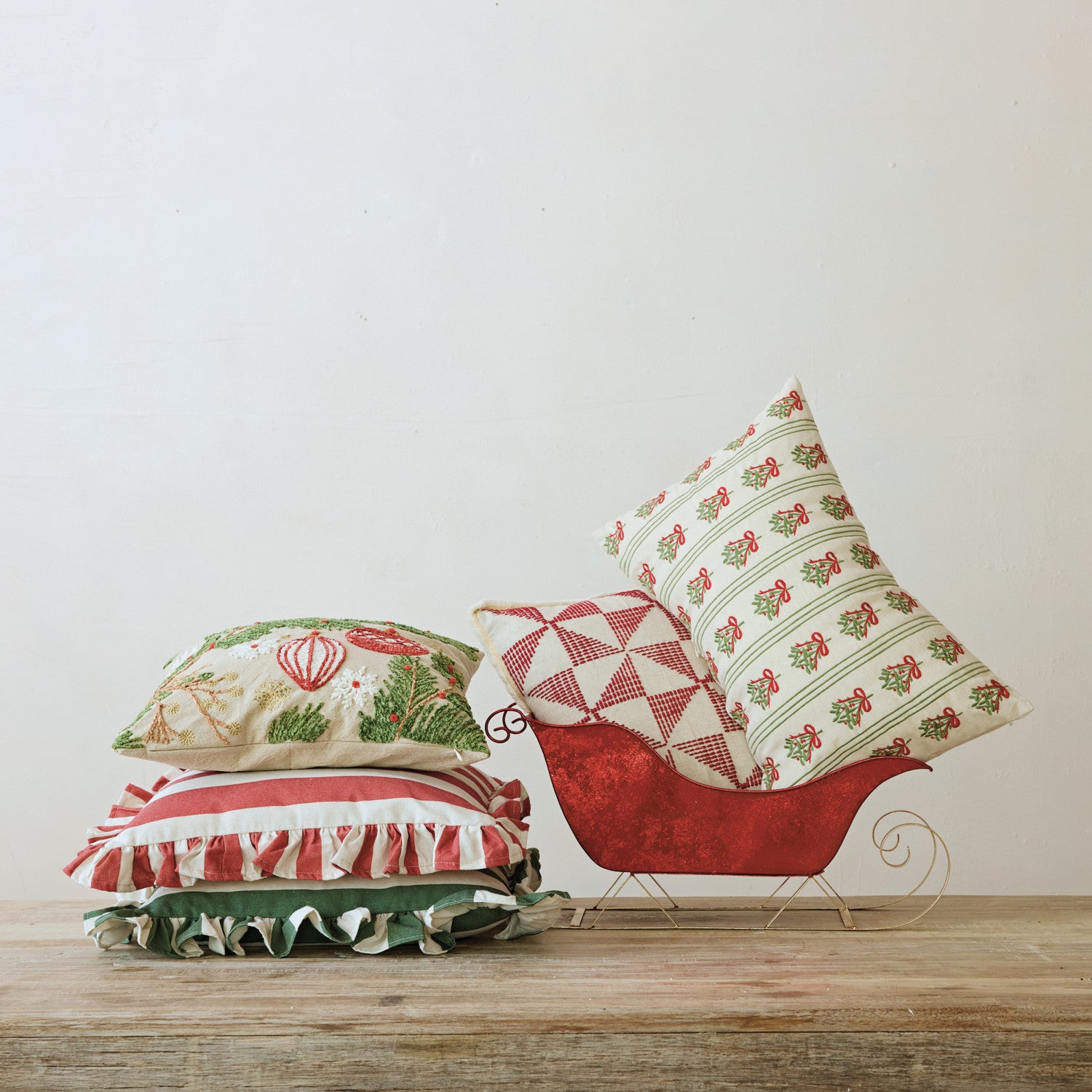 Striped Pillow with Ruffle, Red (18")