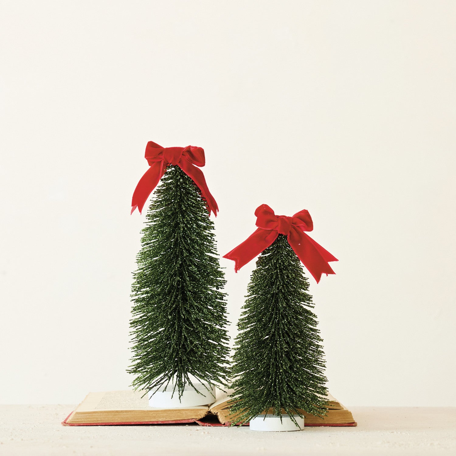 Bottle Brush Tree with Glitter, Velvet Bow