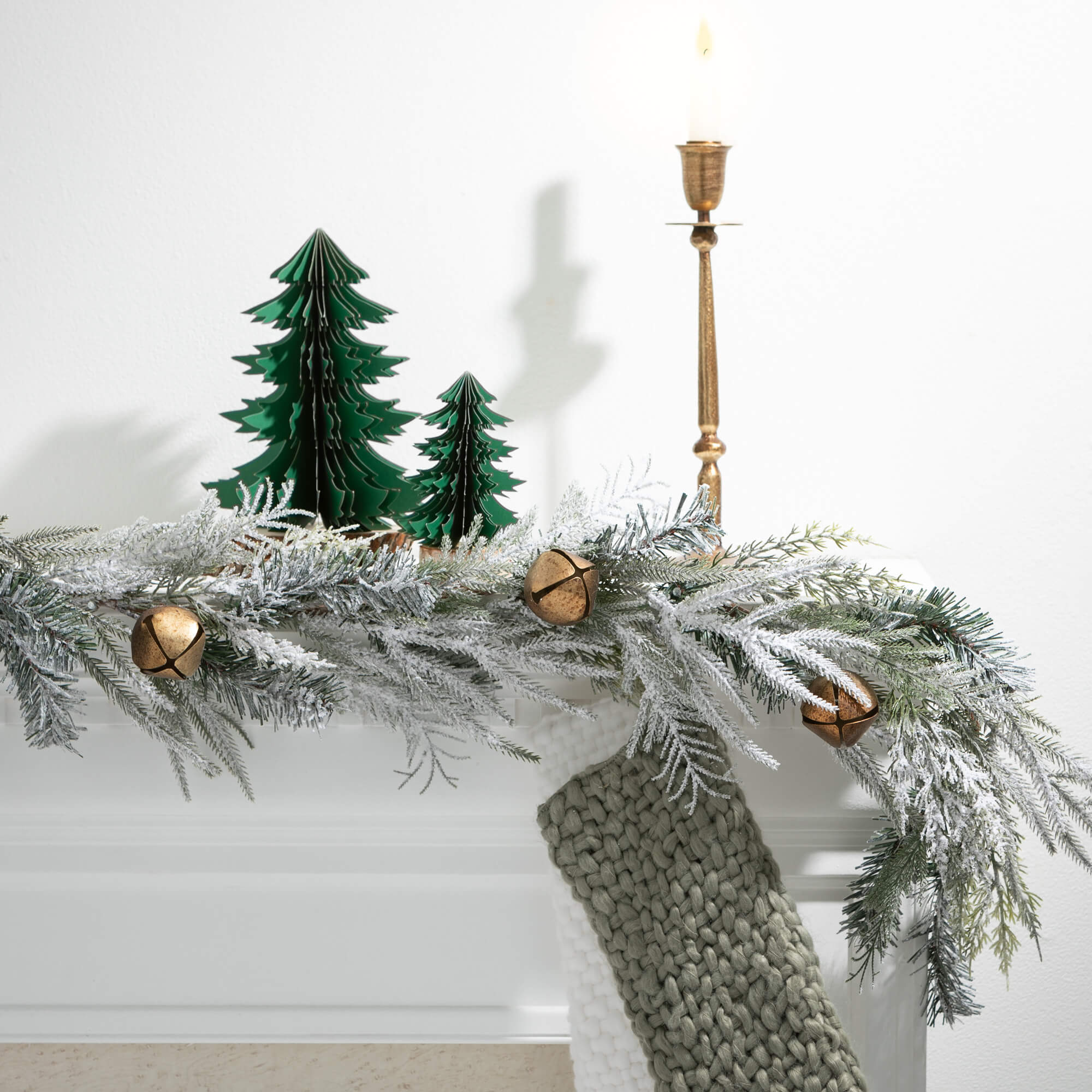 Snowy Pine Garland with Brass Bells – 6ft