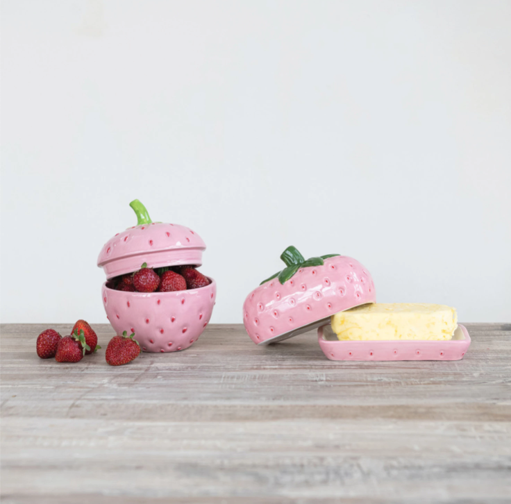 Hand-Painted Ceramic Strawberry Shaped Butter Dish
