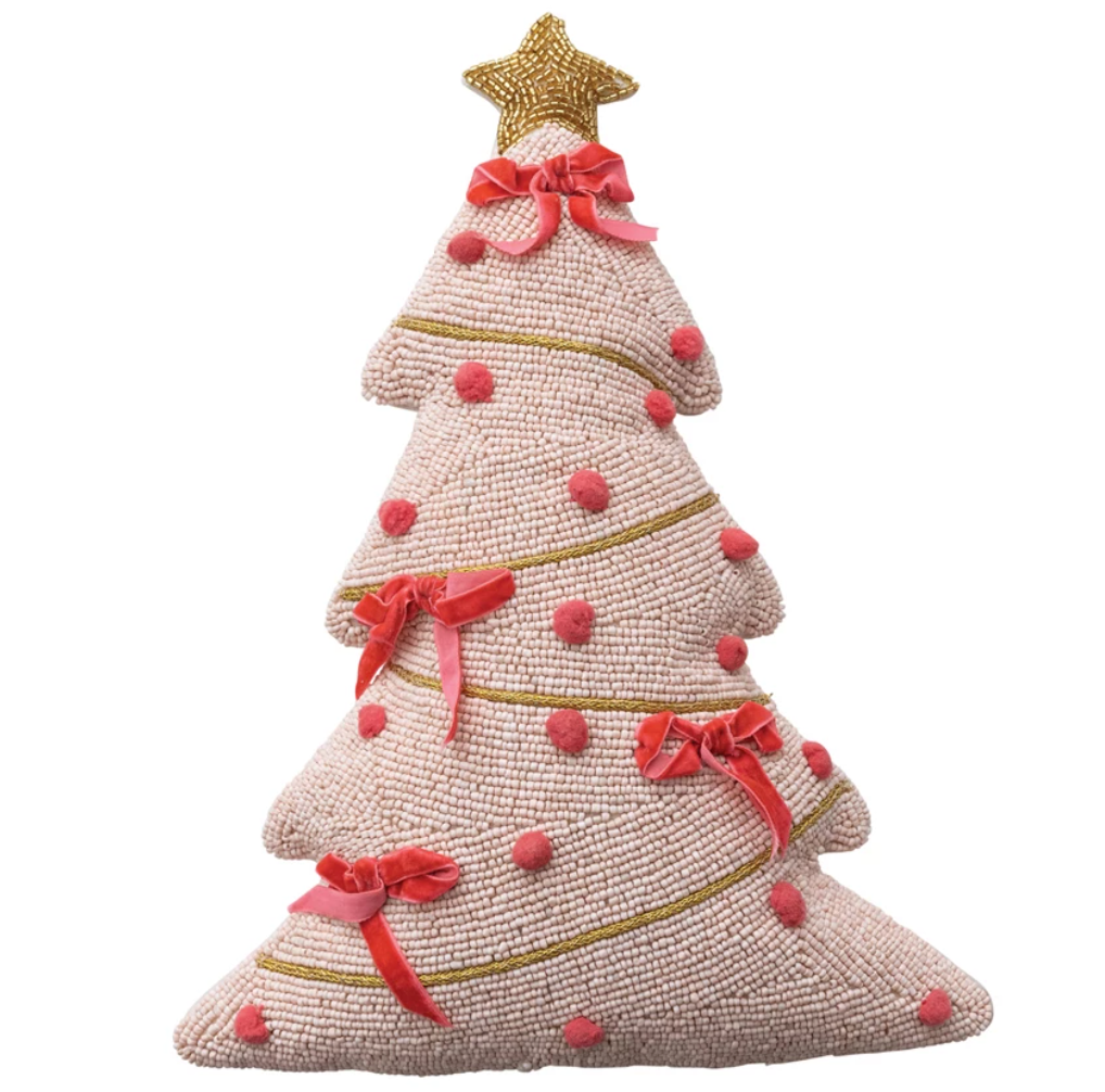 Beaded Tree Pillow with Velvet & Poms