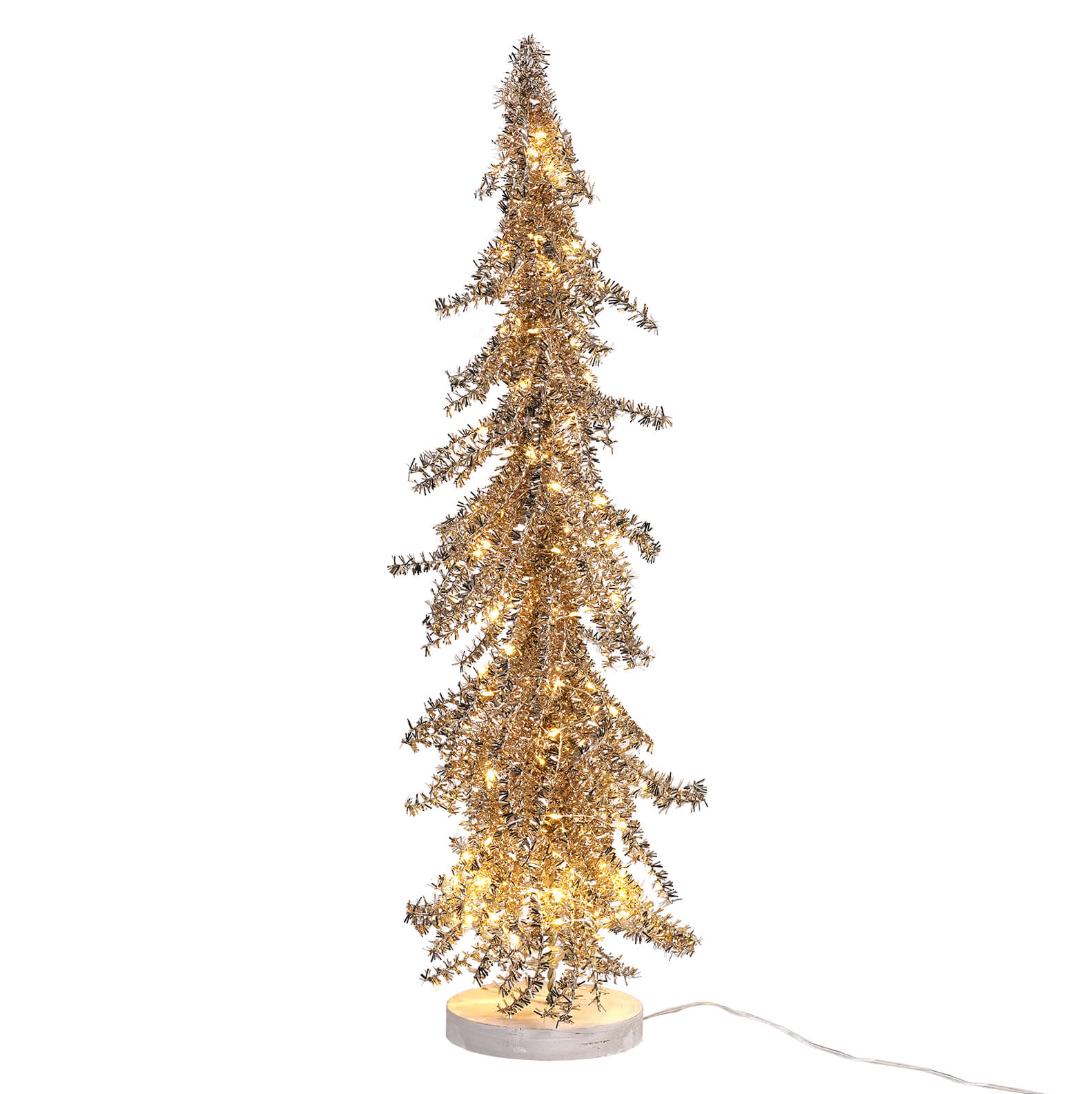 Gold Tinsel Tree with Plug-In Lights (24")