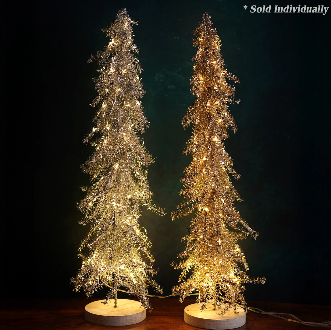 Gold Tinsel Tree with Plug-In Lights (24")