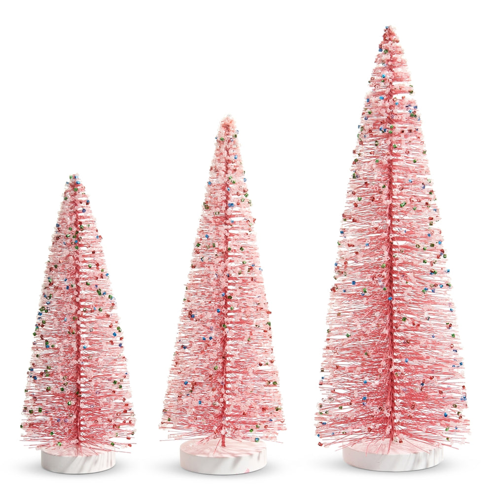 Pink Bottle Brush Trees with Sprinkles (15"), s/3