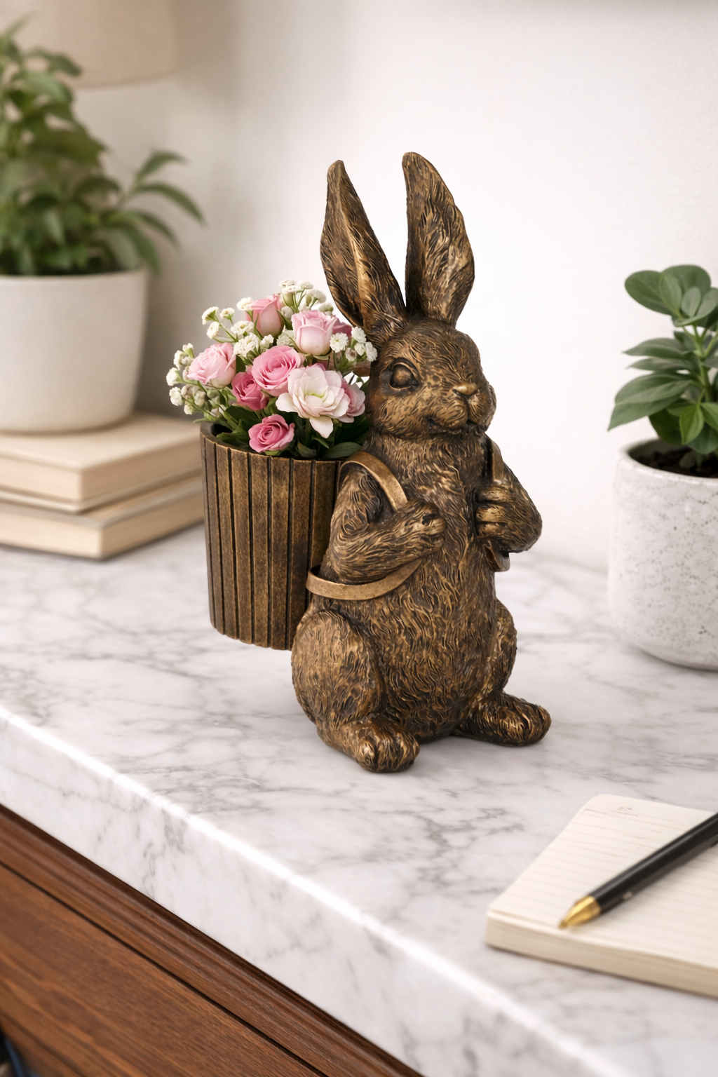 Antique Gold Bunny with Basket (8")