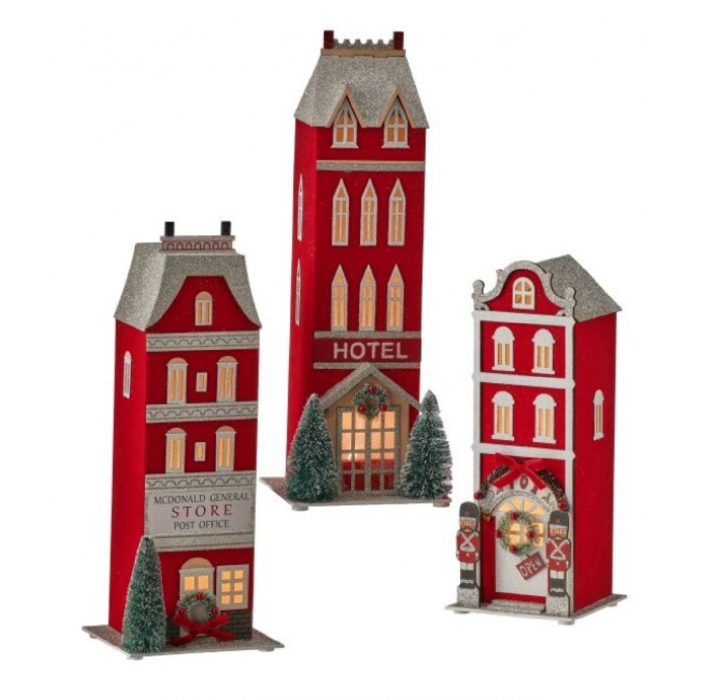 LED RED CARDBOARD VINTAGE HOLIDAY TOWN  |  10.5" 12" 14"