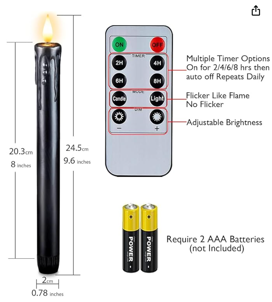 BLACK FLAMELESS TAPER CANDLES LED |  SET OF 2