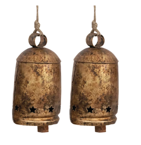 Metal Bell on Jute Rope with Star Cut-Outs, s/2