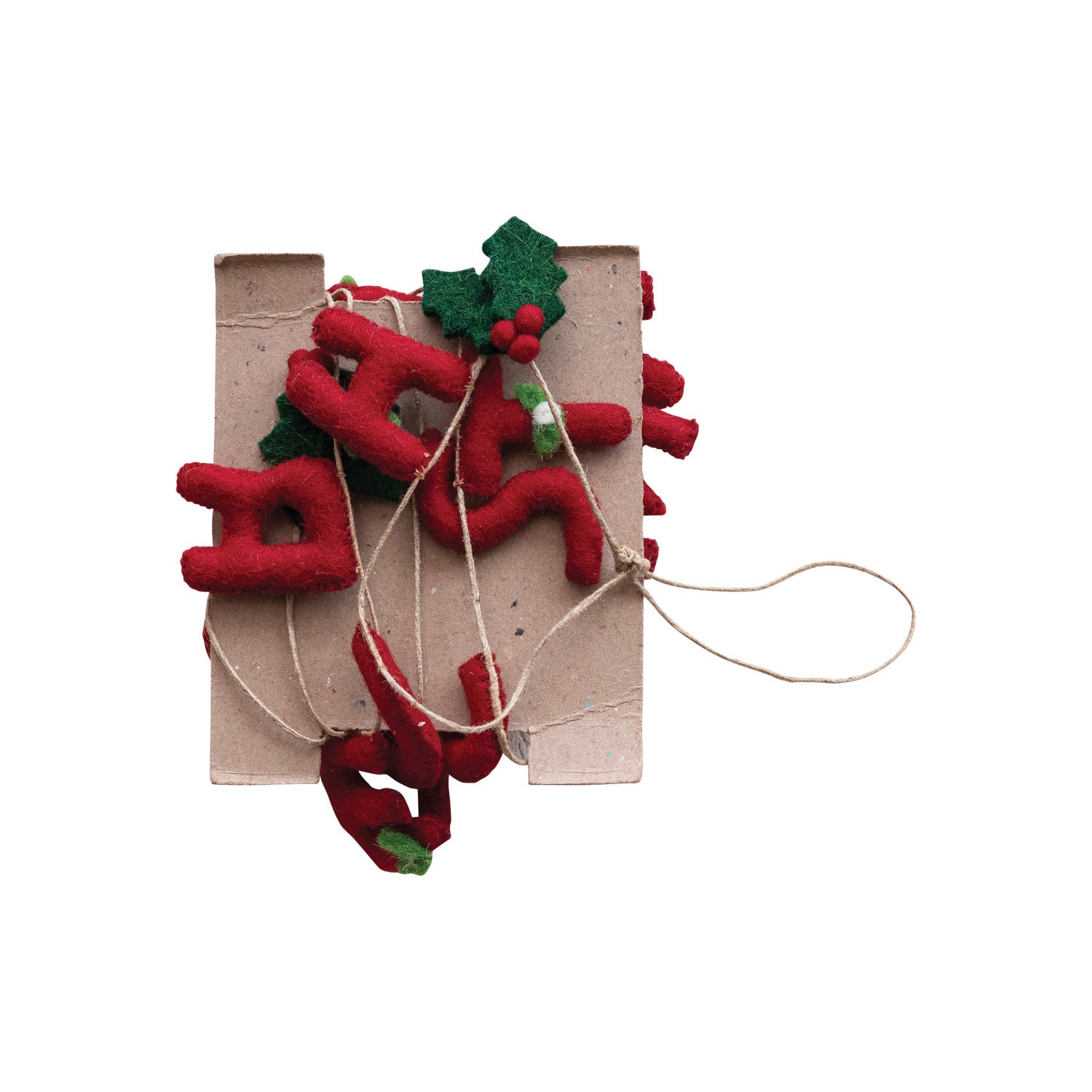 Wool Garland w/ Holly Leaves & Berries "Merry Christmas"