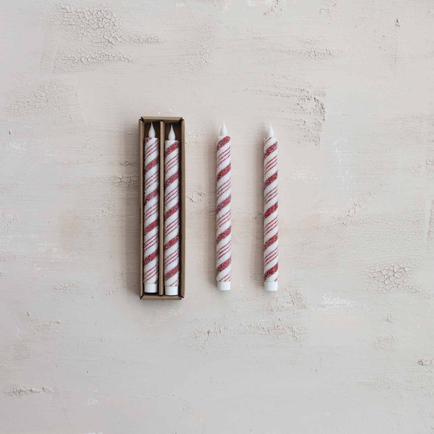 Flameless Red Stripe LED Taper Candles, s/2