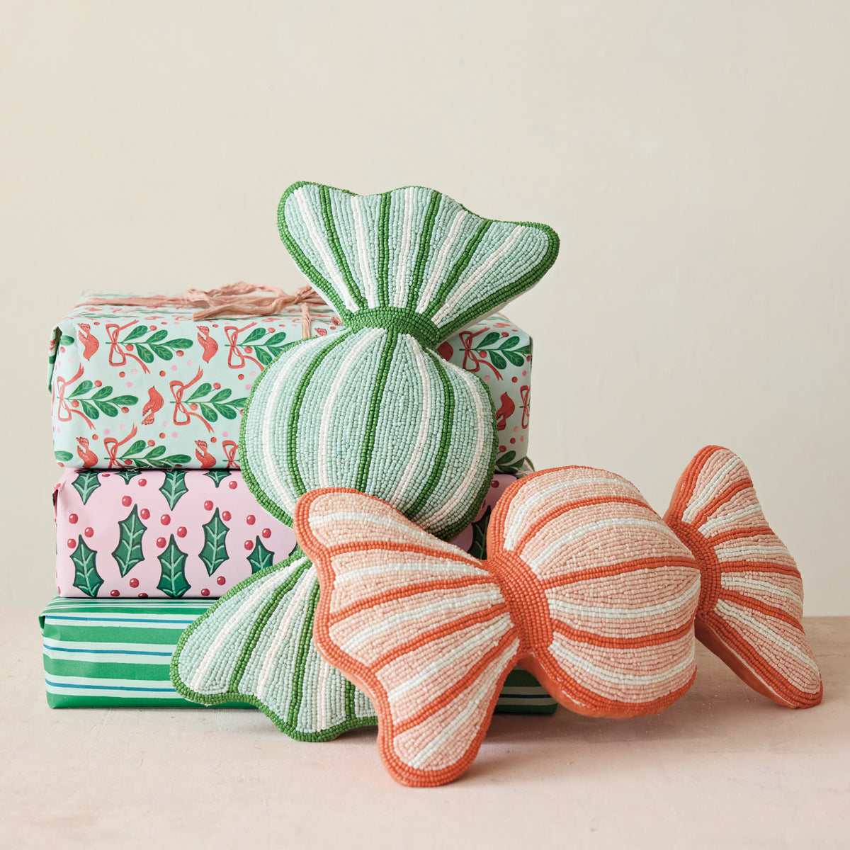 Beaded Candy Pillow with Velvet Back, Green