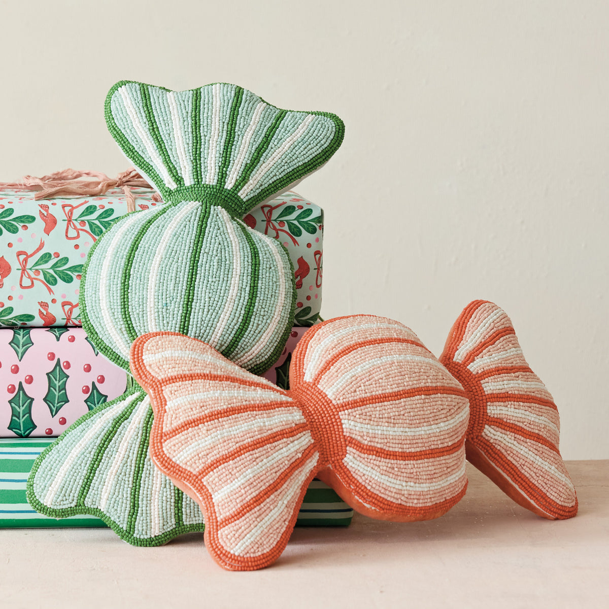 Beaded Candy Pillow with Velvet Back, Green