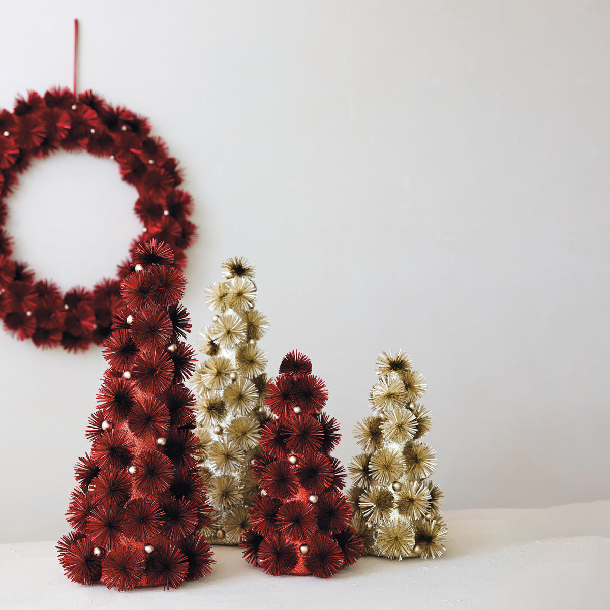 Tinsel Ball Tree with Glitter & Beads, Red (Medium)