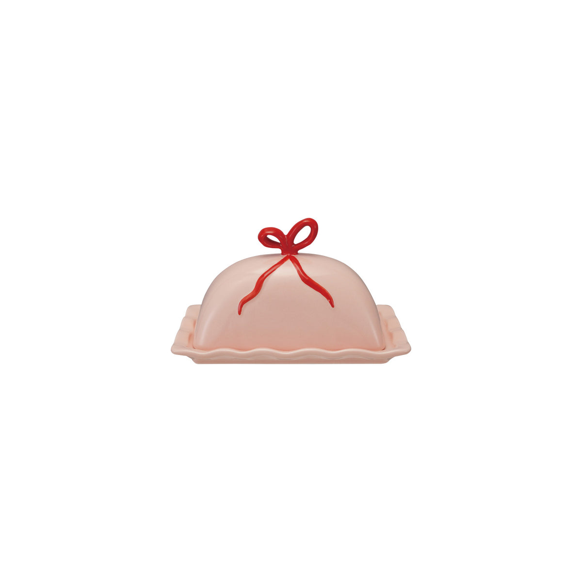 Hand-Painted Stoneware Scalloped Butter Dish with Bow, Pink