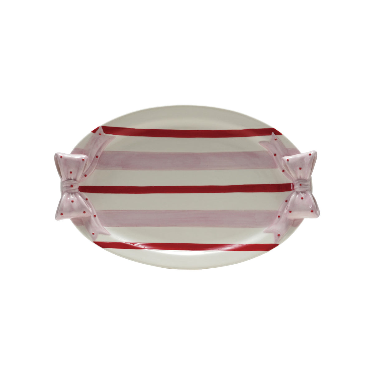 Hand-Painted Stoneware Striped Platter with Bow Handles, White
