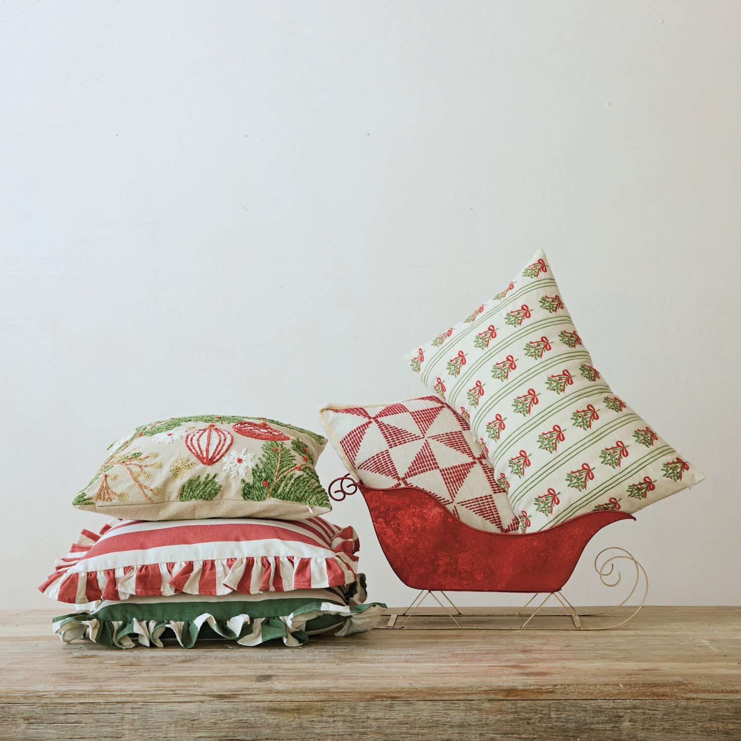 Striped Pillow with Ruffle, Green (18")