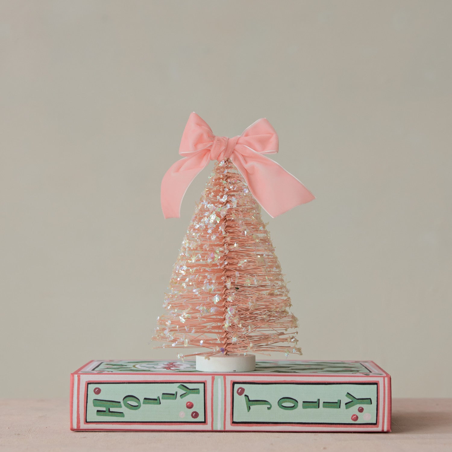 Bottle Brush Tree with Glitter, Velvet Bow Pink