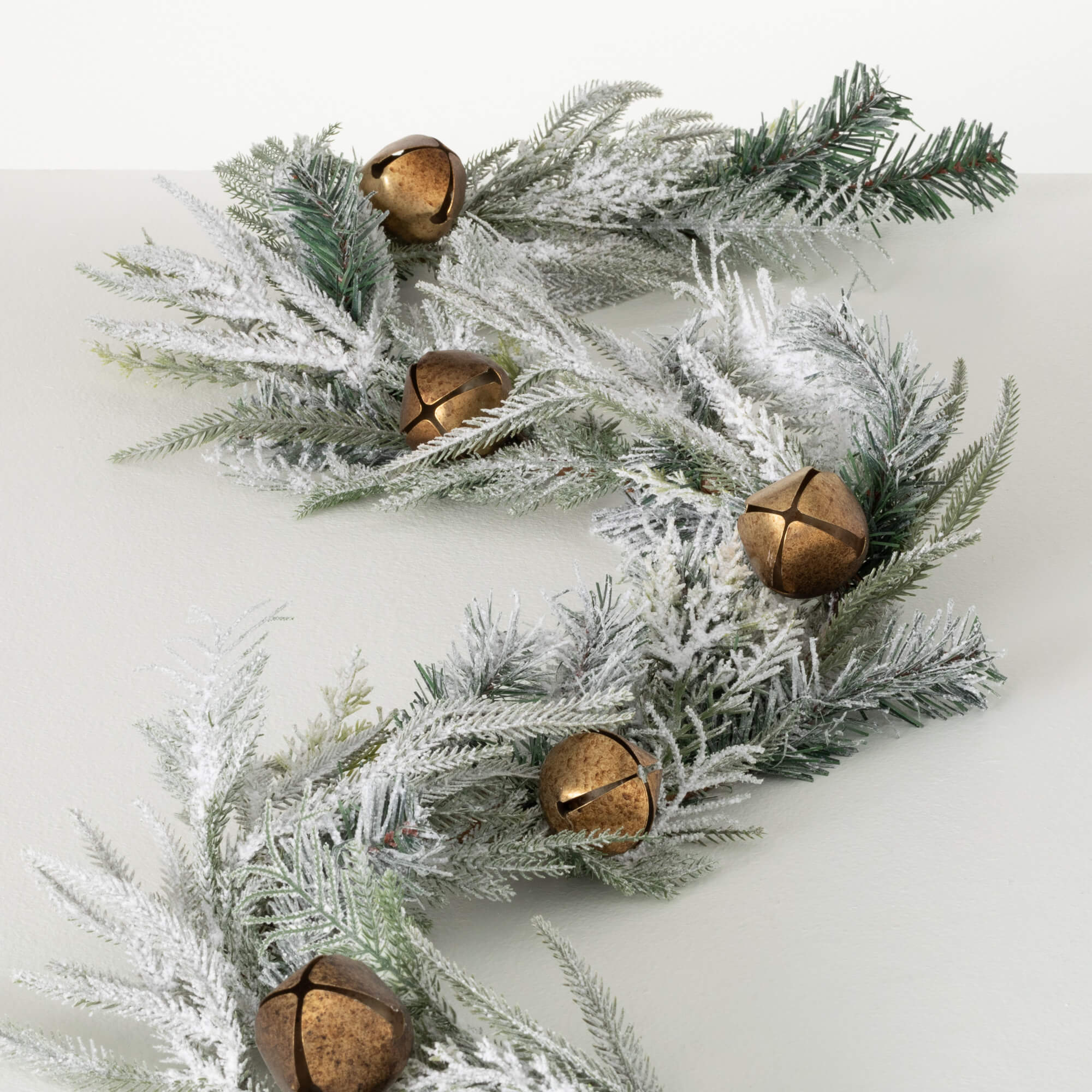 Snowy Pine Garland with Brass Bells – 6ft
