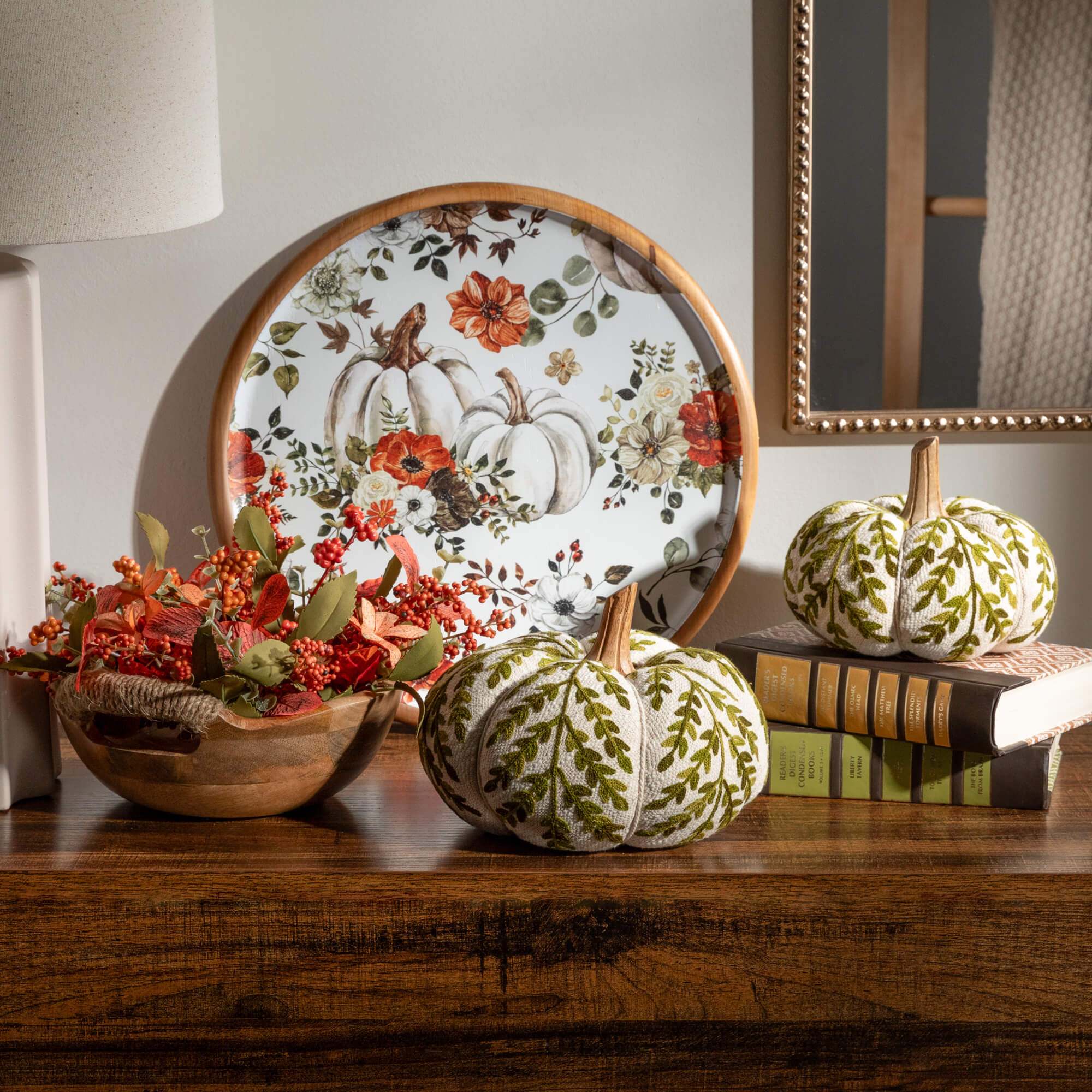 Embroidered Cream Pumpkin with Leaf Detailing