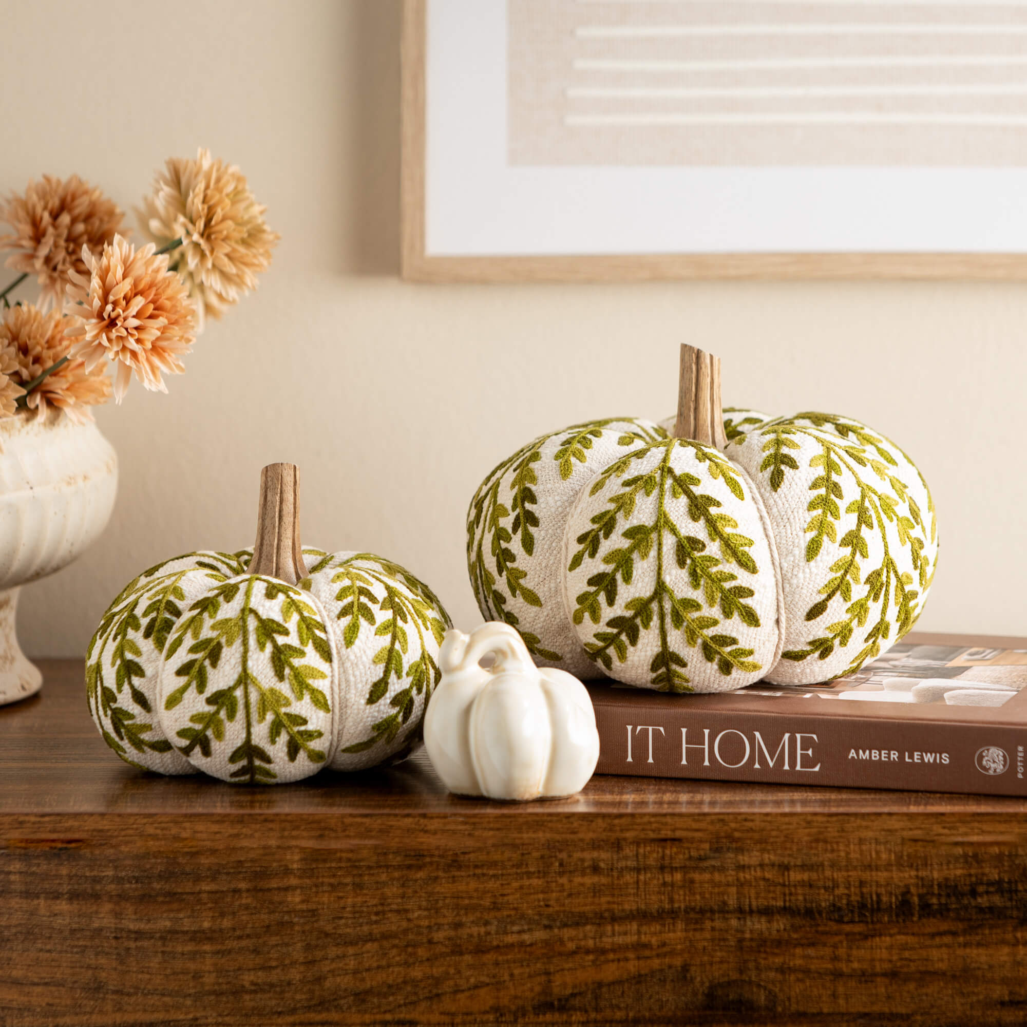 Embroidered Cream Pumpkin with Leaf Detailing