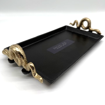 BLACK TRAY WITH GOLD SNAKE HANDLES