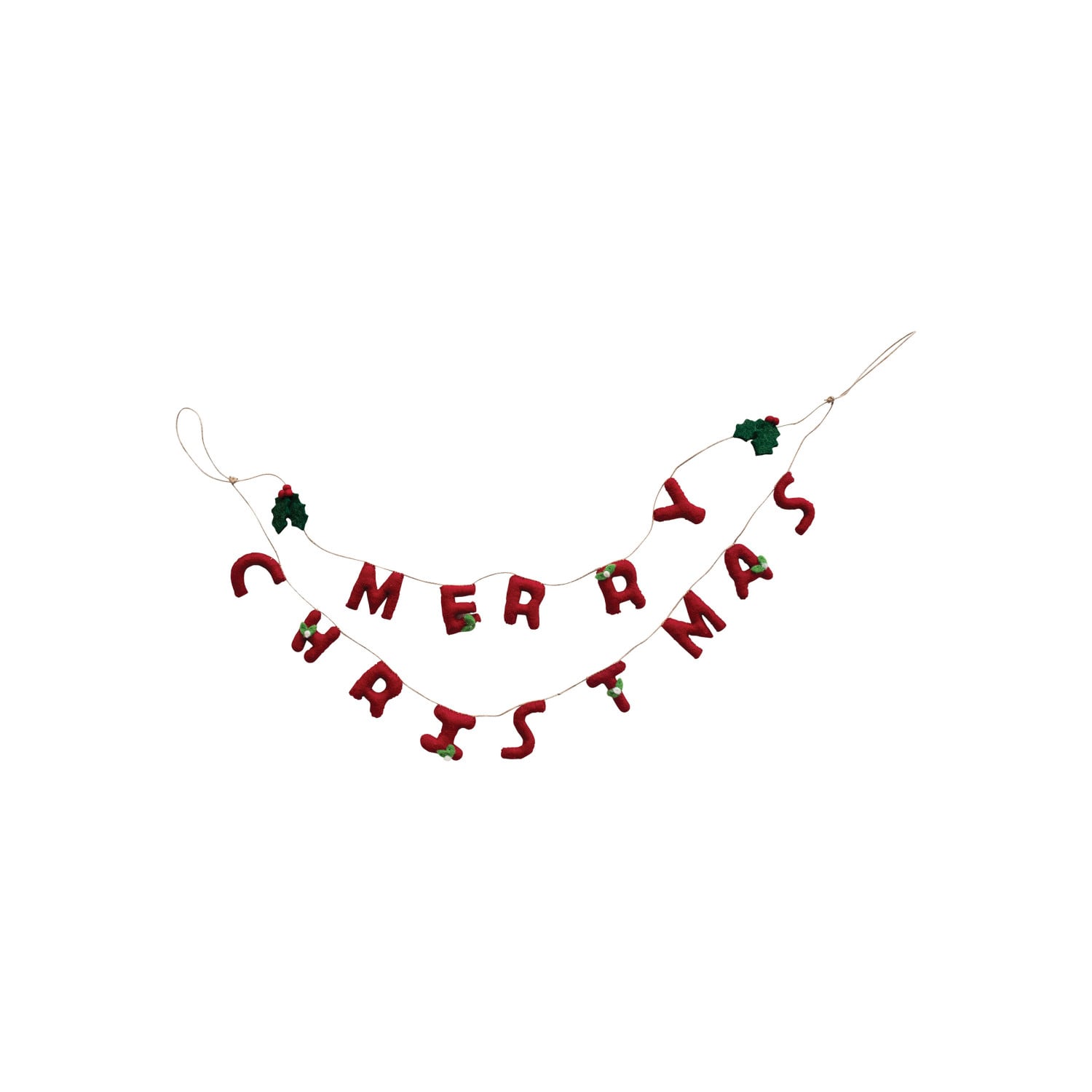 Wool Garland w/ Holly Leaves & Berries "Merry Christmas"